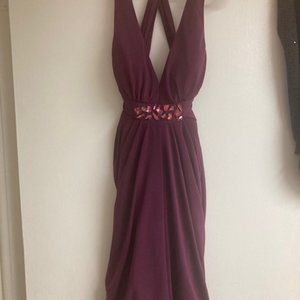 Womens burgundy wine rhinestone empire waist cross back halter cocktail dress S